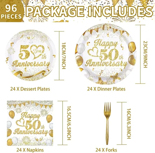 Miniatura 4 de Grencian 96 piezas de decoración de aniversario de boda del 50 aniversario dorado, platos y servilletas de papel blanco y dorado, suministros