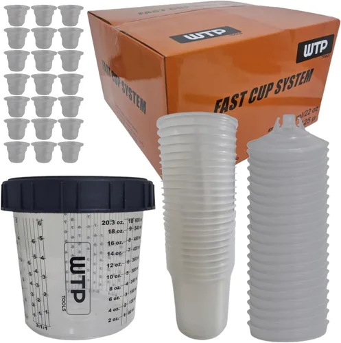 Kit de sistema de vasos de pintura desechable, 50 tapas + 50 revestimientos + 1 taza dura + 20 tapas – 1 caja de 400/650/28.7 fl oz 14/22/29 oz