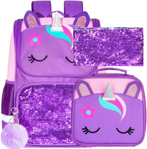 Miniatura 9 de KLFVB Mochila de 3 piezas para niñas y niños, bolsa de libros de dinosaurio de unicornio de 15 pulgadas con lonchera, bolsa escolar preescolar