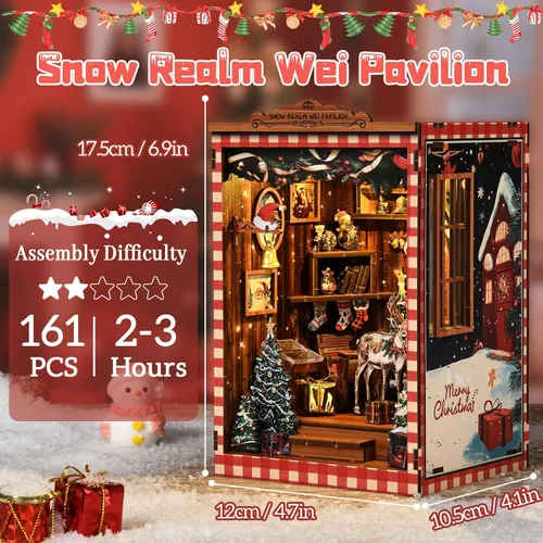Miniatura 2 de Kits de rincón de libros de Navidad para adultos, rompecabezas de madera 3D, kit de casa en miniatura para decoración de estantería con luces LED