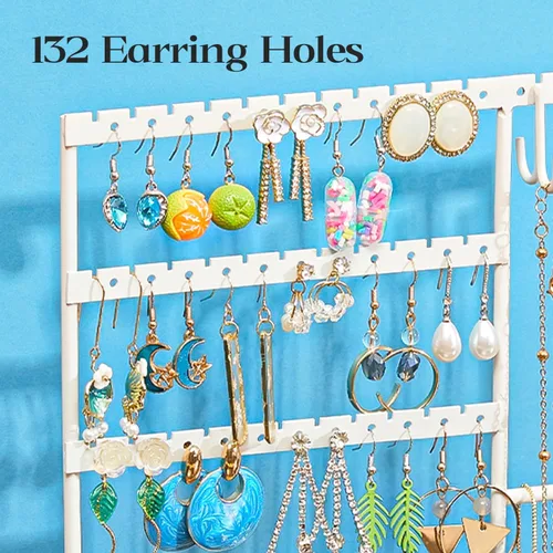 Miniatura 7 de X-cosrack Soporte para aretes, organizador de joyas de 5 niveles con bandeja de madera, 132 agujeros, blanco + natural