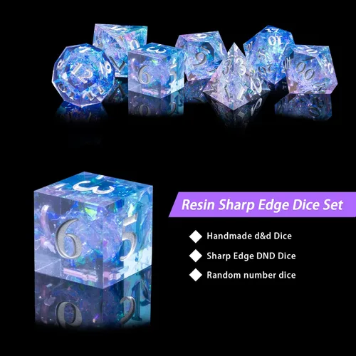 Miniatura 5 de DND - Juego de dados de resina de borde afilado, hecho a mano, 7 dados poliédricos, juego de dados DND RPG MTG, juego de dados para juegos de rol