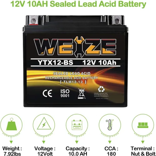 Miniatura 2 de Weize YTX12-BS - Batería de motocicleta de alto rendimiento, sin mantenimiento, sellada YTX12 BS AGM, baterías recargables ATV compatibles con Honda
