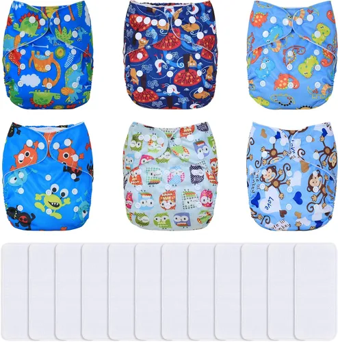 Miniatura 22 de TDIAPERS Pañales de tela reutilizables, lavables, de bolsillo, talla única, ajustable para pañales de tela a presión, paquete de 6 con 6 insertos