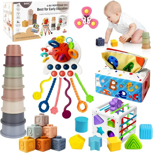 Juguetes Montessori 6 en 1 para bebés de 6 a 12 meses en adelante, incluye juguete de cuerda de tirar, tazas apilables, caja de pañuelos, girador de