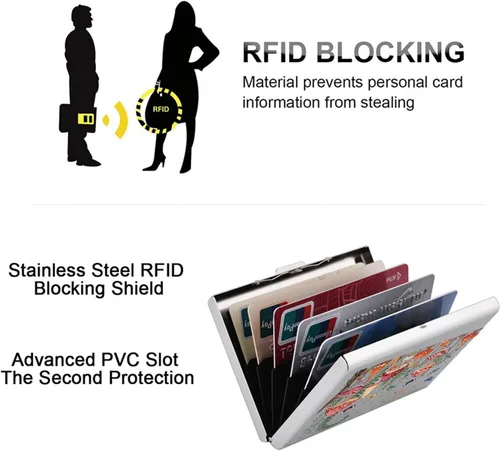 Miniatura 106 de BONSYL® Soporte para tarjetas de crédito, cartera delgada de metal con bloqueo RFID, con 6 ranuras para tarjetas, para mujeres y hombres.