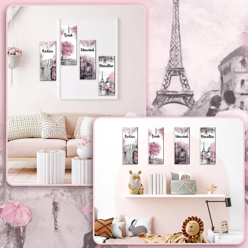 Miniatura 5 de Gerrii 3 Piezas de Decoración de Baño Rosa y Gris Decoración de París Relajarse Remojarse Desconectar Respirar Arte de Pared de Granja Baño Boda