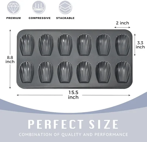 Miniatura 6 de HONGBAKE Molde de Madeleine antiadherente, paquete de 2 bandejas de galletas de madeleine resistentes de 12 cavidades para hornear en el horno