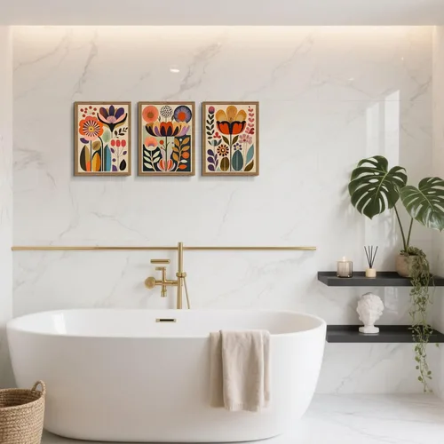 Miniatura 7 de Juego de 3 pinturas artísticas abstractas de flores escandinavas enmarcadas para decoración de pared, arte botánico moderno de mediados de siglo