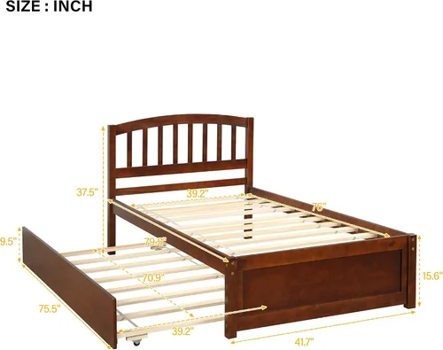 Miniatura 2 de Base de cama individual de madera maciza para niños con nido y cabecera curvada, base de cama de plataforma de perfil bajo con soporte de listones