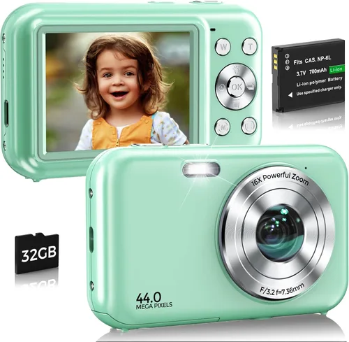 Miniatura 8 de Cámara digital, FHD 1080P 44MP Cámara de vlogging con tarjeta de 32 GB, zoom 16X antivibración, cámara digital compacta de punto de viaje y disparo