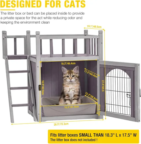 Miniatura 3 de Aivituvin Casa para gatos al aire libre con puerta de alambre con cerradura, refugio de madera para perros, condominio para interiores con balcón