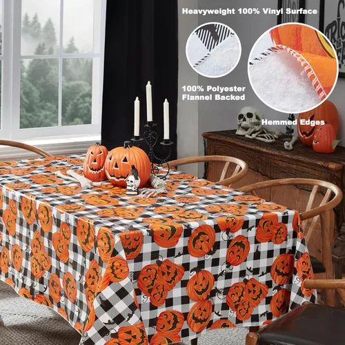 Miniatura 4 de Newbridge Mantel de vinilo con parte trasera de franela de Halloween Jack O Lantern Pumpkin Farm, diseño de calabazas y murciélagos a cuadros negros