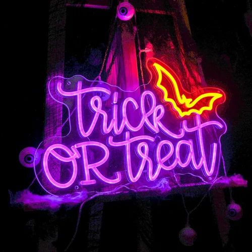 Miniatura 3 de Letrero de neón LED de Halloween con texto en inglés "Trick or Treat", para Halloween, fiesta, bar, dormitorio, habitación de niños, decoración
