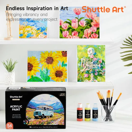 Miniatura 8 de 54 Colores Pintura Acrílica, Juego de Pintura Acrílica Shuttle Art con 12 Pinceles, Botellas de 2 oz/60 ml, Pinturas Ricas en Pigmentos, Resistente