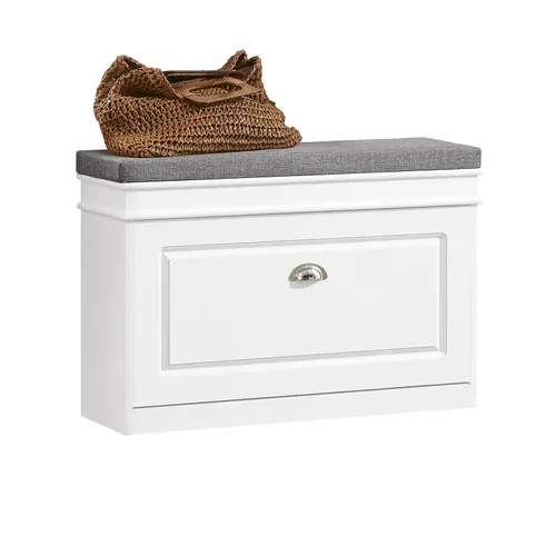 Miniatura 11 de SoBuy pequeño banco de almacenamiento de zapatos, zapatero negro estrecho para entrada, estante para zapatos con cojín y 2 niveles de cajón