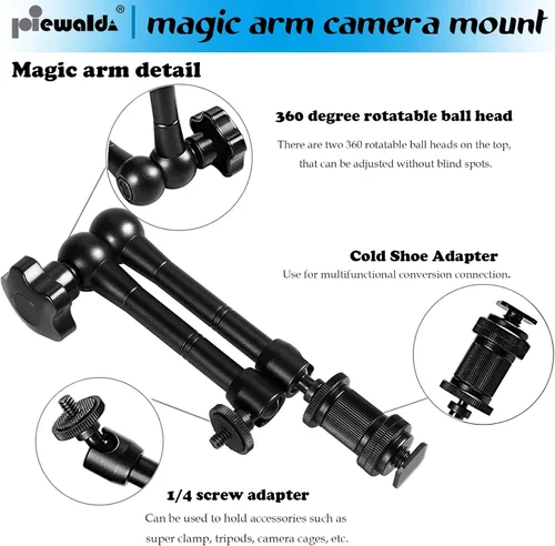Miniatura 2 de Niewalda Soporte de cámara de brazo mágico, brazo articulado, brazo articulado de fricción ajustable de metal de 11 pulgadas con súper