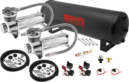 Vixen Air Kit de suspensión para camión, bolsa de coche, paseo aéreo/resorte. Sistema a bordo - Compresor dual de 200 psi, tanque de 4 galones. Para