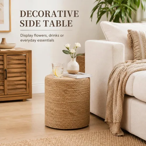 Miniatura 8 de Wimarsbon Taburete de pie de hierba marina natural, otomana redonda tejida a mano, para sala de estar, asiento al aire libre (natural)