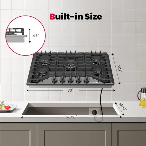 Miniatura 6 de GASLAND Placa de cocina a gas de 30 pulgadas, color negro, estufa de propano de 5 quemadores, placas de gas integradas convertibles a NG/LPG