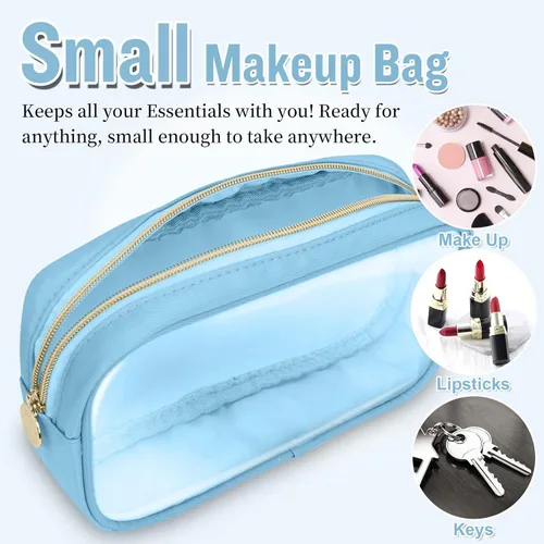 Miniatura 4 de izuzta Bolsa de maquillaje pequeña de nylon, linda bolsa de cosméticos mini, bolsa de mano preppy, bolsa con cremallera, Azul, Chico 2-Azul