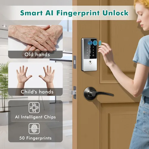 Miniatura 2 de Cerradura inteligente biométrica, cerradura de puerta de entrada sin llave con control de aplicación y generación remota de código, teclado Plateado