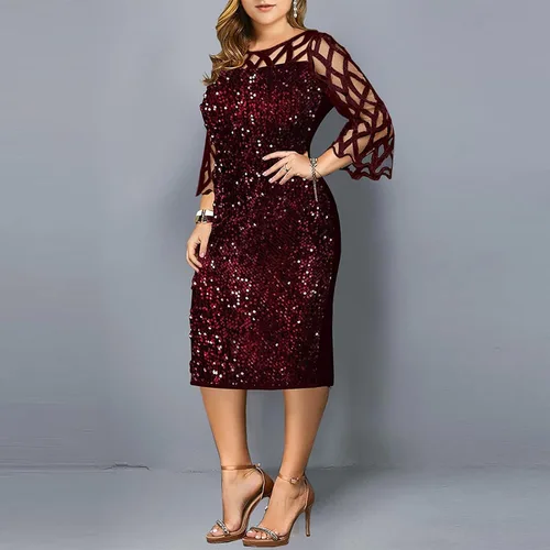 Miniatura 2 de VEZAD Vestido de noche de manga 34 con lentejuelas y cintura imperio para mujer, color liso, con cuello redondo, vestido de noche envolvente hasta