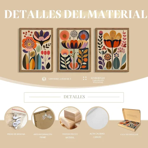 Miniatura 4 de Juego de 3 pinturas artísticas abstractas de flores escandinavas enmarcadas para decoración de pared, arte botánico moderno de mediados de siglo