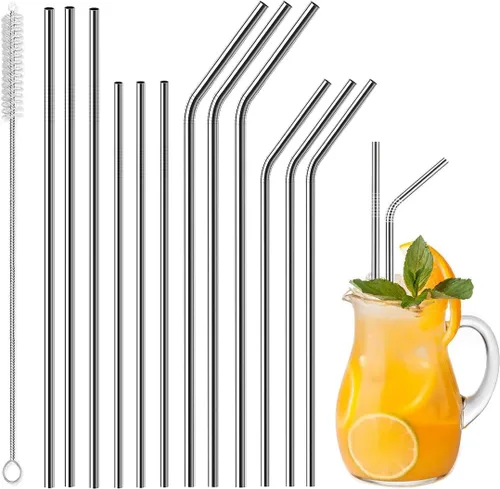 Vinaco Pajitas de acero inoxidable reutilizables, paquete de 12 de 8.5" y 10.5" pajitas de metal de 0.24" para vasos de 20 oz - 32 oz, pajitas