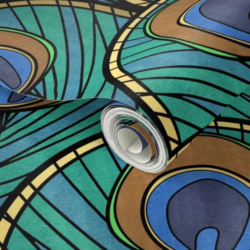 Miniatura 2 de Spoonflower Despegar y pegar papel pintado Swatch – Patrón de abanico Art Deco de pavo real pluma azul verde 1920 inspirado vintage dorado estampado