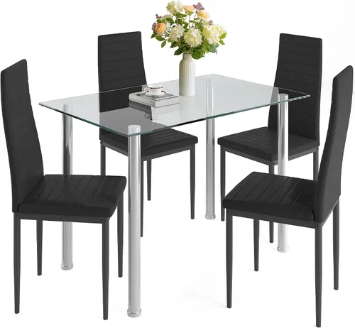HUGROVE Juego de 5 sillas de mesa de comedor modernas con mesa de vidrio templado y patas de acero inoxidable, 4 sillas tapizadas de piel sintética