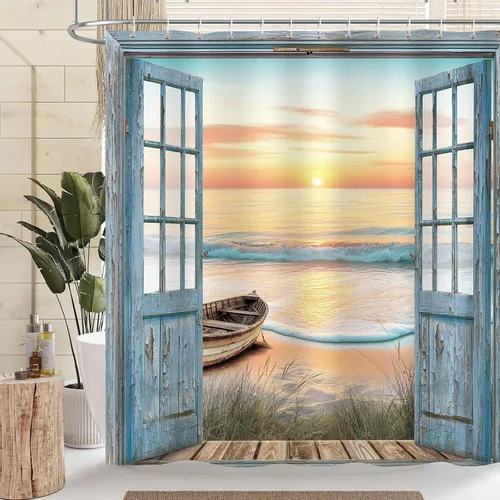 Dazzlewall Cortina de ducha con diseño rústico de playa y océano, juego de cortinas de baño para el hogar, tela impermeable de poliéster, 72 x 72