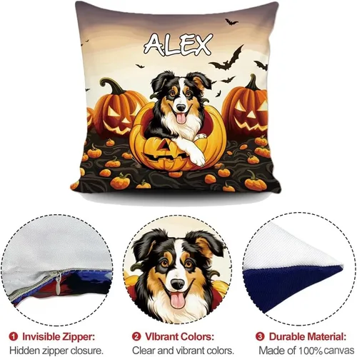 Miniatura 3 de Funda de almohada personalizada de Halloween, diseño de perro Golden Retriever, calabaza, cachorro inteligente, funda de cojín decorativa de lona 34