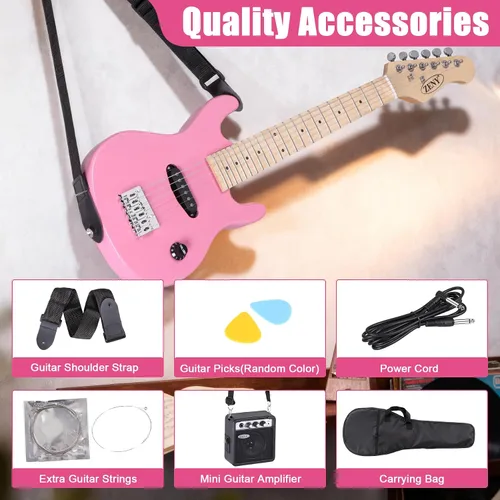 Miniatura 8 de ZENY Guitarra eléctrica para niños de 30 pulgadas con amplificador de 5 W, bolsa de concierto, correa, cable, cuerdas y púas, kit de accesorios Rosa