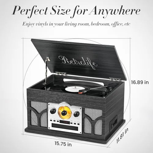 Miniatura 7 de Tocadiscos 10 en 1 con altavoces incorporados, reproducción inalámbrica, reproductor de CD y cassette, reproductor USB, radio AM/FM, tocadiscos de 3