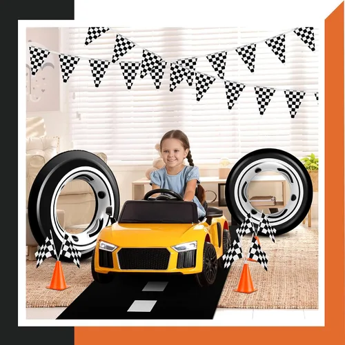 Miniatura 5 de Suministros de cumpleaños para fiesta de autos de carreras, tapete para correr de pista de carreras, mantel de carreras, pancarta a cuadros, 12