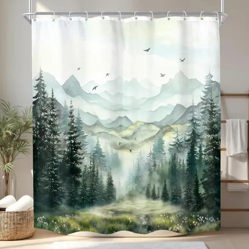 Miniatura 13 de KOMLLEX Cortina de ducha de montaña azul para decoración de baño, 72 pulgadas de ancho x 72 pulgadas de alto, rústico, acuarela, bosque, pino