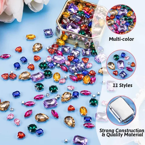 Miniatura 3 de PAGOW 440 piezas de diamantes de imitación para coser, 11 formas mixtas de diamantes de imitación de cristal con parte trasera plana para coser