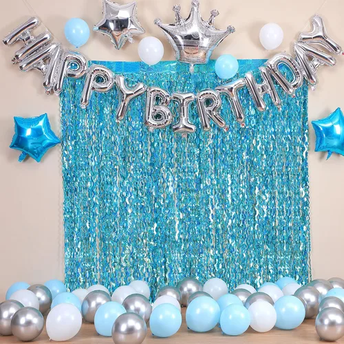 Miniatura 4 de Paquete de 4 cortinas onduladas de flecos de papel de aluminio verde azulado aguamarina para decoración de fiesta, 3.3 pies x 6.6 pies, cortina