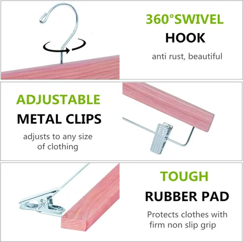 Miniatura 3 de Amber Home Paquete de 12 perchas para pantalones de madera de cedro rojo americano, perchas de madera de cedro natural con 2 clips ajustables