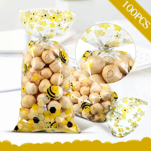 Miniatura 2 de Outus 100 bolsas de regalo de celofán para fiestas de abeja, bolsas de regalo de plástico con 100 lazos giratorios plateados para niños, cumpleaños