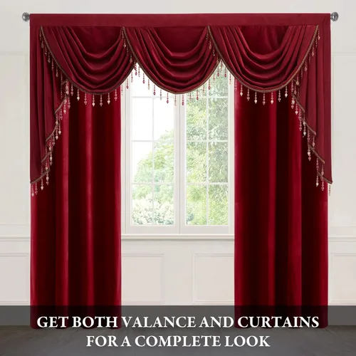 Miniatura 2 de StangH Cenefa de cortinas de terciopelo rojo con cuentas de lujo para dormitorio, cenefas gruesas de cascada con bolsillo para cortinero
