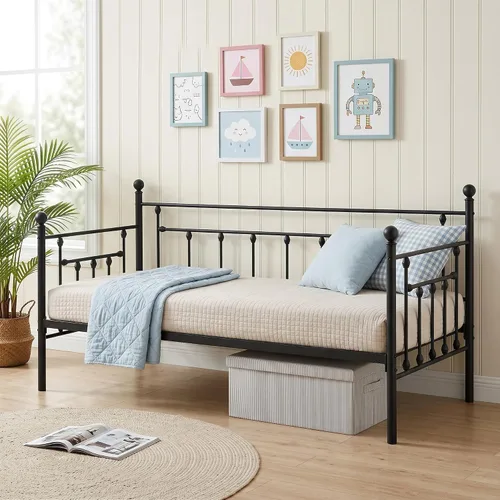 Miniatura 14 de VECELO - Marco de sofá cama de tamaño individual con soporte de listones de acero, cabecero, plataforma de cama para sala de estar, habitación