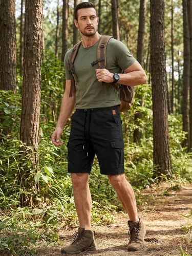 Miniatura 5 de JMIERR Pantalones cortos de carga casuales para hombre, de algodón, con cordón elástico, para verano, playa, pantalones cortos chinos con 6 bolsillos