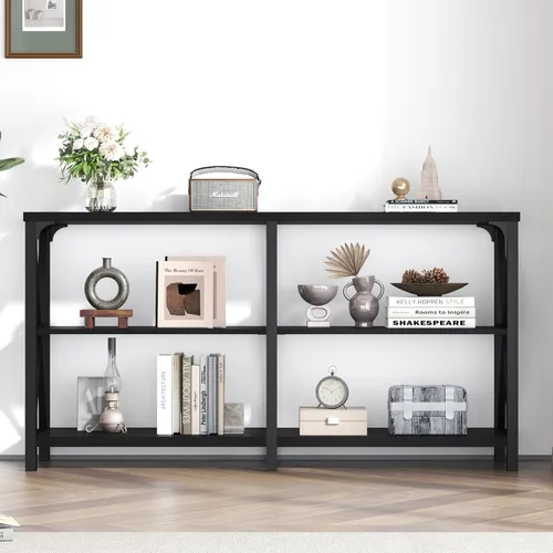 Miniatura 6 de LVB Mesa Consola Negra, Mesa de Entrada Moderna con 3 Niveles de Estantes de Almacenamiento, Mesa de Sofá Industrial Detrás del Sofá para Sala