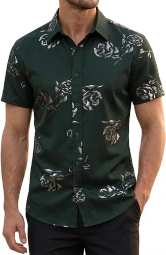 Miniatura 22 de ZEROYAA - Camisas de vestir de manga corta con estampado de rosa dorada para hombre, estilo hipster, calce ajustado, con botones