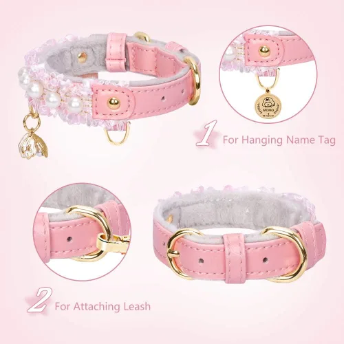 Miniatura 3 de Collar Premium de Cuero PU para Gato y Perro con Colgante de Concha - Ajustable, Perla Linda, Encaje Hermoso, Rosa Pequeña