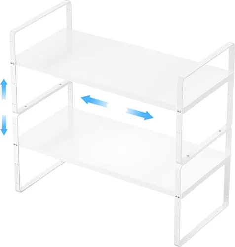 Paquete de 2 organizadores de estantes de gabinete de cocina expandibles, estantes de almacenamiento de despensa de metal apilables, estante Blanco