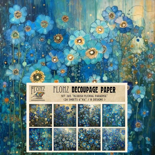 Decoupage - Paquete de papel (24 hojas de 6 x 6 pulgadas) Floral Paradise in Blue # Papel de patrón de estilo vintage para decoupage, manualidades y