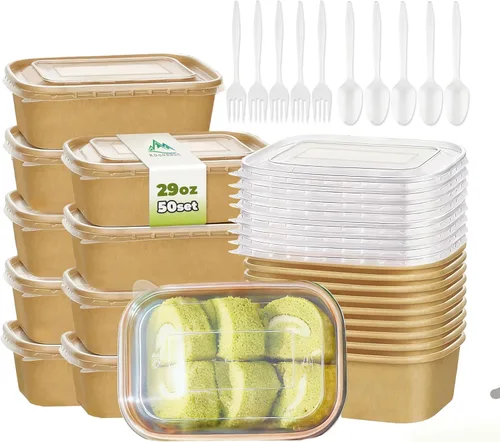 Miniatura 10 de Kaderron 50 Pack 20 OZ Large Paper Bowls with Lids with Spoons and Forks, Heavy Duty Disposable Meal Prep Containers for Party, Soak-Proof and